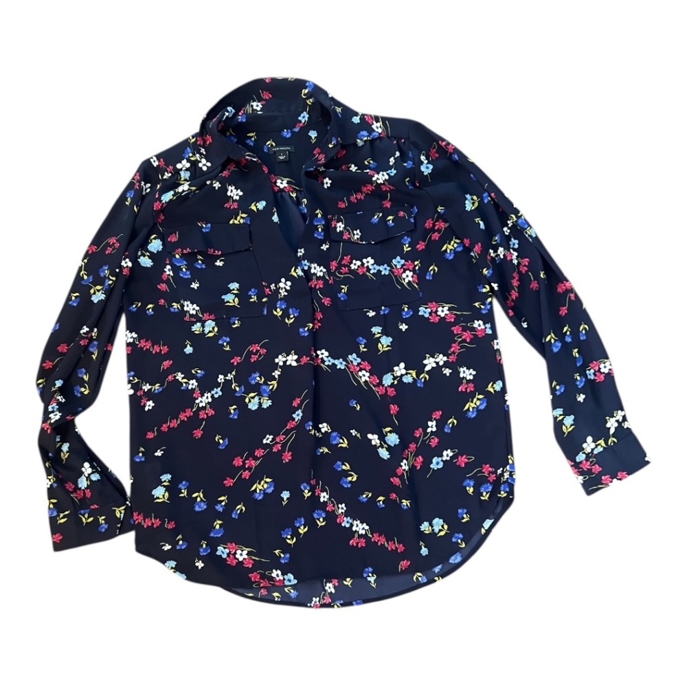 Ann Taylor Navy Blue Floral Long Sleeve Top PTP 21", Sm Fits Like Medium